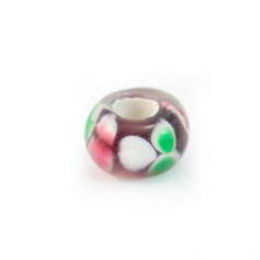 Brown, white, green & pink glass bead 14mm x 1pc