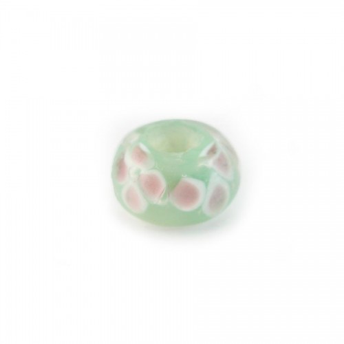 Pandora verre vert d'eau & blanche & rose 14mm x 1pc