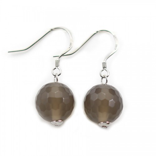 Earring 925 silver and gray agate, faceted round shape, 12mm x 2pcs