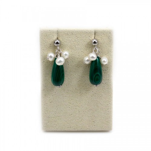 925 silver malachite & freshwater pearls earrings x 2pcs