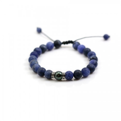 Tahitian Cultured Pearl & Sodalite matte bracelet - Adjustable macramé x 1pc