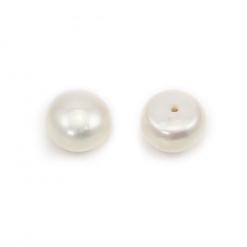 Perles de culture d'eau douce, semi-percée, blanche, bouton, 9-9.5mm x 2pcs