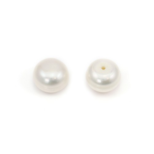 Perle de culture d'eau douce blanche half-percée ronde aplatie 9-9.5mm x 2pcs