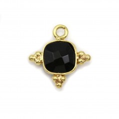 Charm in faceted square black Agate on golden silver 7mm x 1pc
