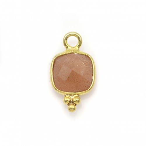 Square faceted sunstone charm on gold plated silver 7mm x 1pc