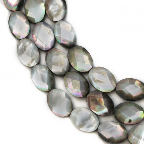 Gray mother-of-pearl faceted oval beads on thread 10x14mm x 40cm