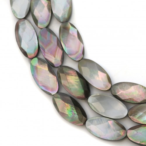 Gray mother-of-pearl faceted oval beads on thread 8x16mm x 40cm