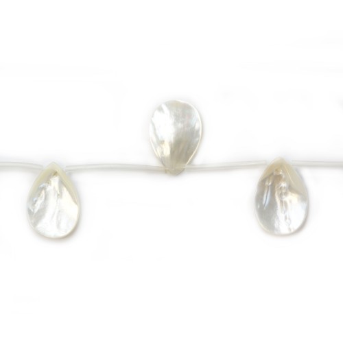 White mother-of-pearl flat drop beads on thread 25x35mm x 40cm