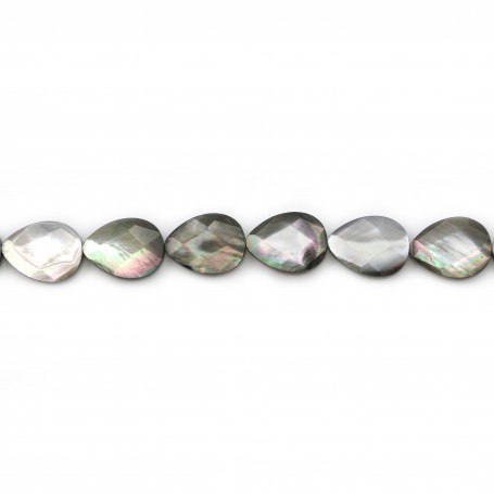 Gray mother-of-pearl faceted flat drop beads on thread 15x20mm x 40cm