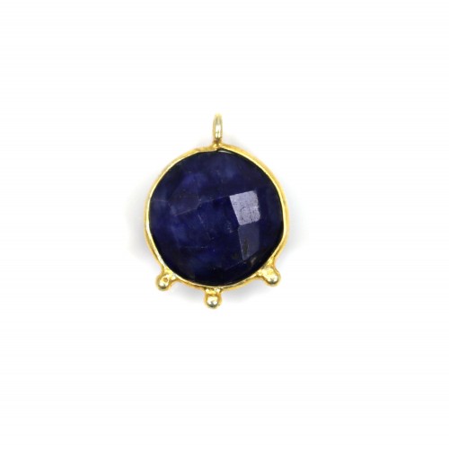 Pendant treated stone color sapphire round faceted set silver 925 gold 13mm x 1pc