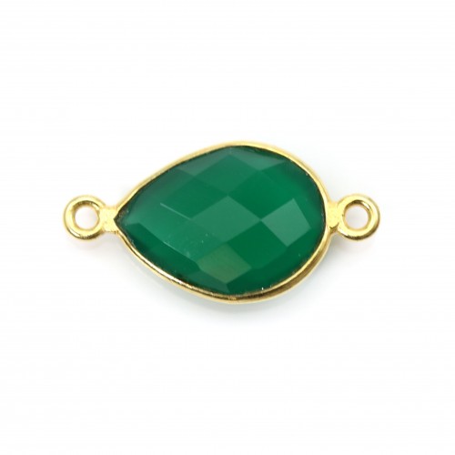 Goccia di agata verde sfaccettata con 2 anelli, argento dorato 11x15mm x 1pc