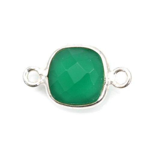 Faceted cushion cut green agate 2 rings set in silver 11mm x 1pc