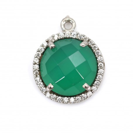 Faceted rhombus green agate set in 925 silver with zirconium 15mm x 1pc