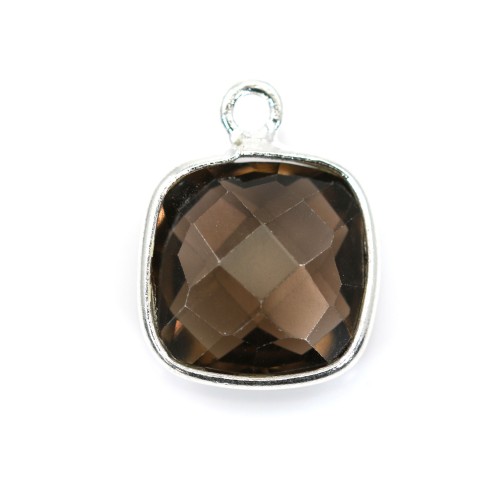 Faceted cushion cut smoky quartz set in sterling silver 11mm x 1pc