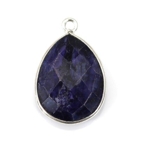 Drop-shape faceted treated blue gemstone set in 925 sterling silver 13x17mm x 1pc