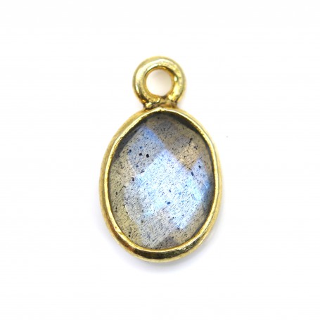 Oval faceted Labradorite charm set in 925 sterling silver and gold 7x12mm x 1pc