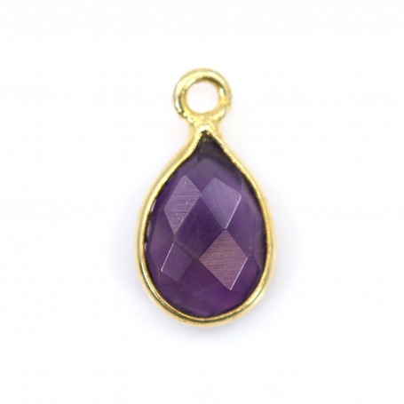 Amethyst drop faceted charm set in silver 925 gilded with fine gold 7x13mm x 1pc