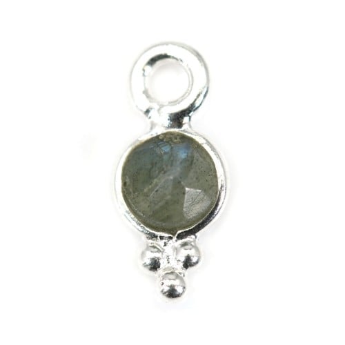Round faceted Labradorite charm set in 925 silver 5*11mm x 1pc