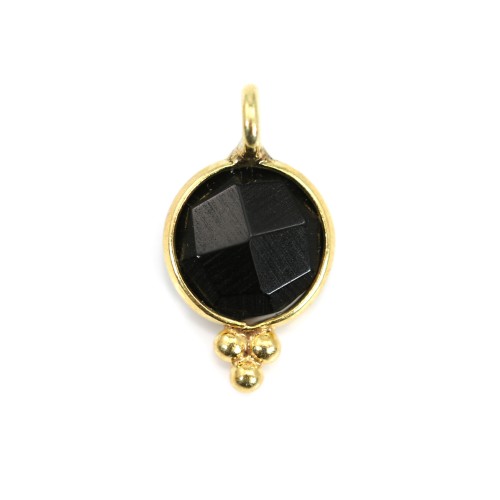 Round faceted black onyx charm set in 925 sterling silver and gold 7*13mm x 1pc