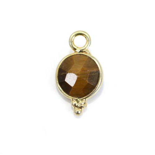 Round faceted tiger eye charm set in 925 sterling silver and gold 7x13mm x 1pc