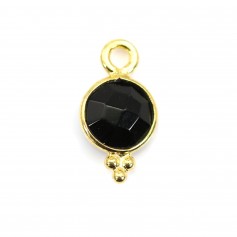 Black Onyx Round Faceted Charm set in 925 Sterling Silver GOLD 7x13mm x 1pc
