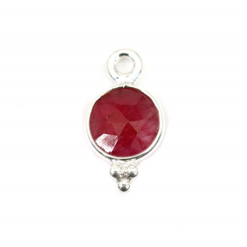 Charm in Gemstone treated ruby color round faceted set silver 925 7*13mm x 1pc