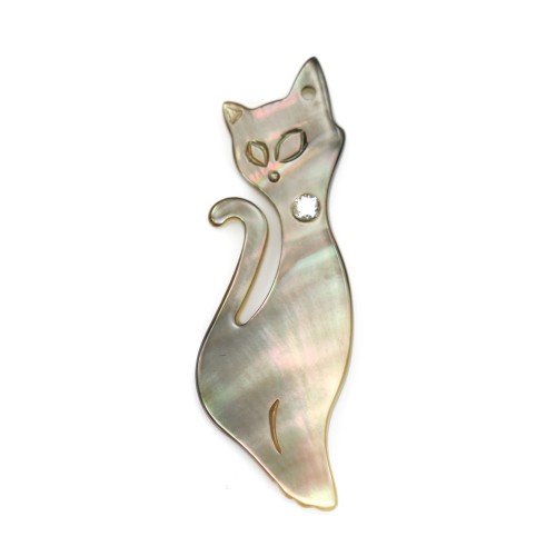Grey mother-of-pearl in a cat shape with a cubic zirconia 12x34mm x 1pc
