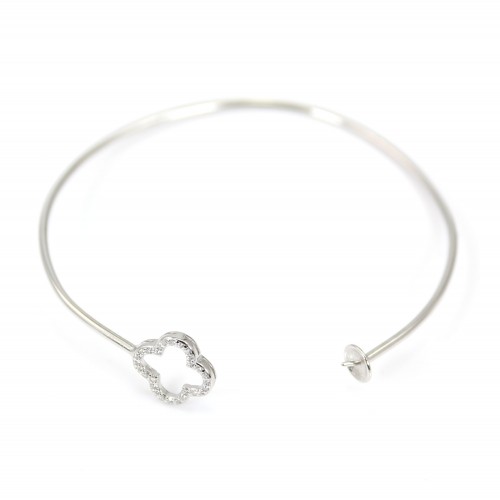 Rhodium 925 sterling silver and zirconium 60mm flexible bangle for half-driled beads x 1pc