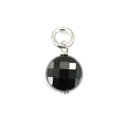 Black Spinel Charm Round Flat Faceted 6mm - Rhodium Silver x 1pc
