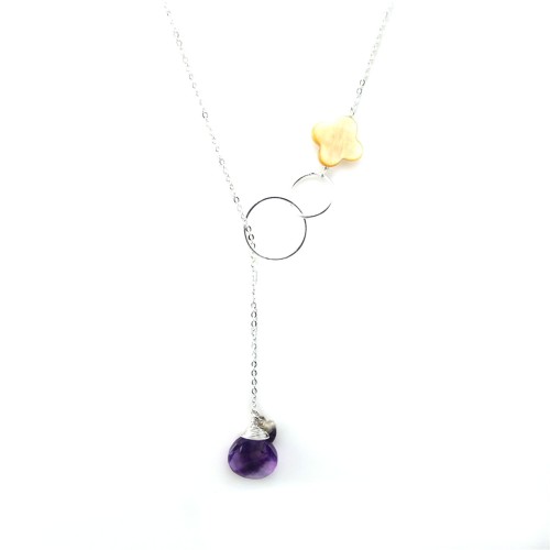Necklace amethyst and yellow mother-of-pearl silver chain 925