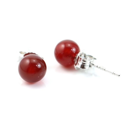 Earrings : red onyx & silver 925 round 6mm x 2pcs 