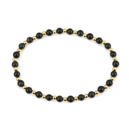 Bracelet obsidienne 4mm, avec perles dorées - Elastique x 1pc