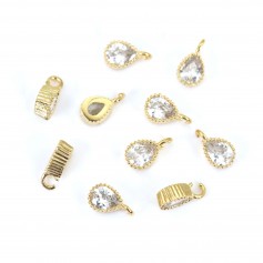 Charm, pear shape 4x7.5mm with zirconium, plated with "flash" gold on brass x 2pcs