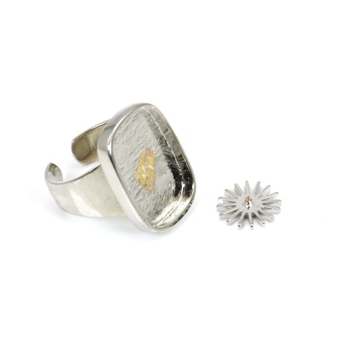 Rectangle & round cabochon ring - Silver plated x 1pc