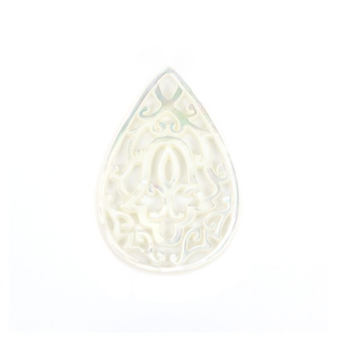 White mother-of-pearl in drop shape with openwork 22x32mm x 1pc