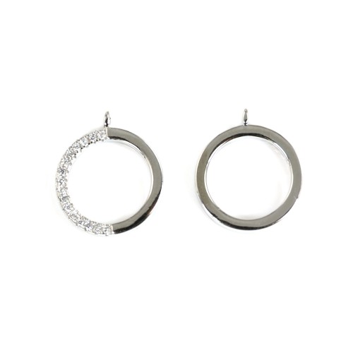 Half-paved circle charm 12x15mm - zirconium oxide & rhodium-plated 925 silver x 1pc