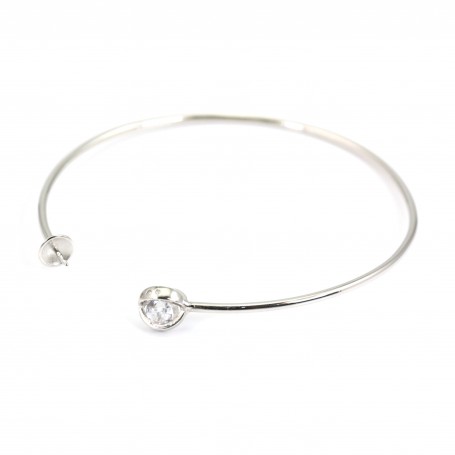 Rhodium 925 sterling silver and zirconium 60mm flexible bangle for half-driled beads x 1pc