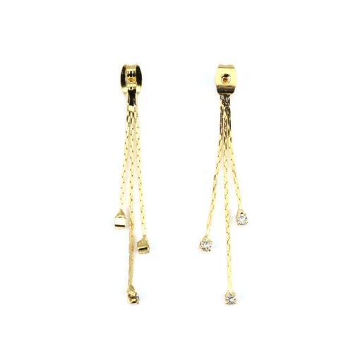 Pushers for earring with chain of 2.5/3/4cm & zirconium, plated by "flash" gold on brass x 2pcs